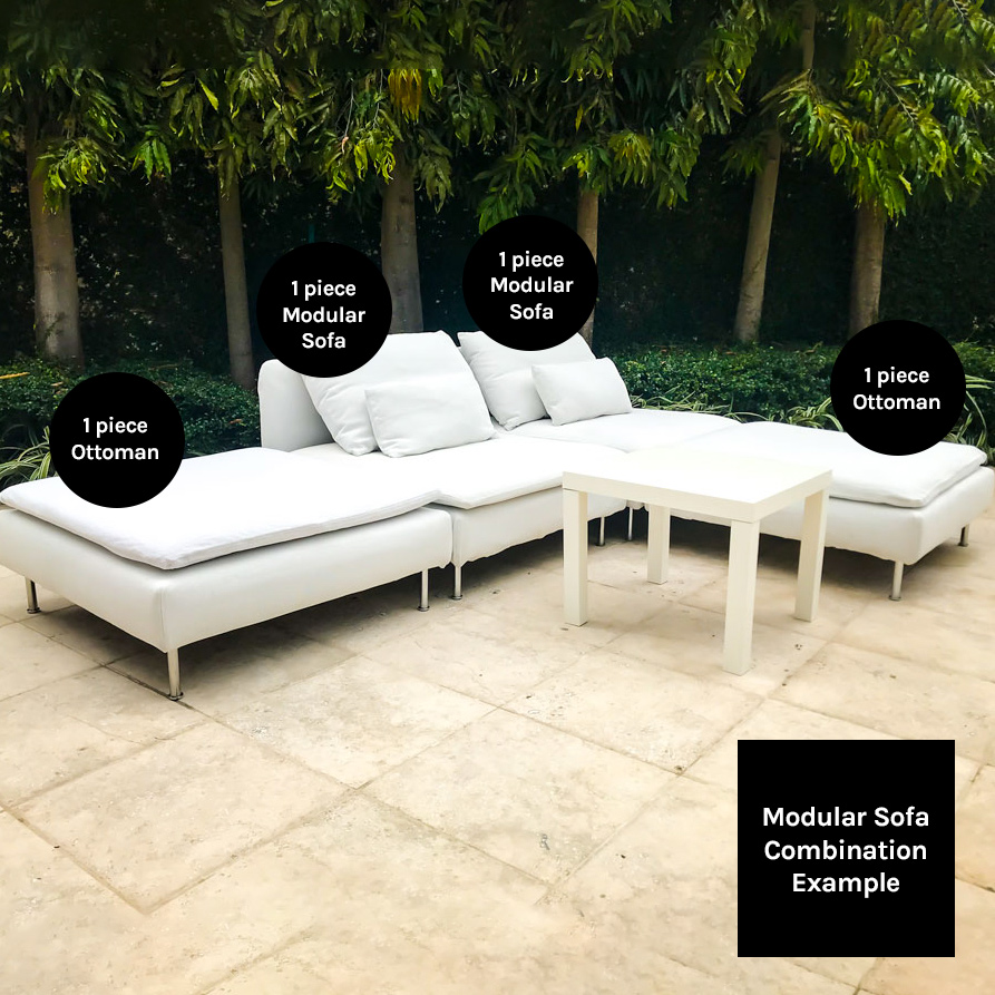 A stylish white Modular Sofa, 1 piece, is arranged outdoors on a tiled patio with greenery—ideal for Trinidad Event Hire or Trinidad Wedding Hire. - Perched Event Rentals, Trinidad