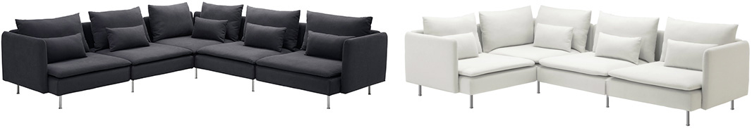 A white Modular Sofa (1 piece) from Trinidad Event Rentals is displayed with metal legs and matching cushions—an elegant choice for any stylish gathering. - Perched Event Rentals, Trinidad