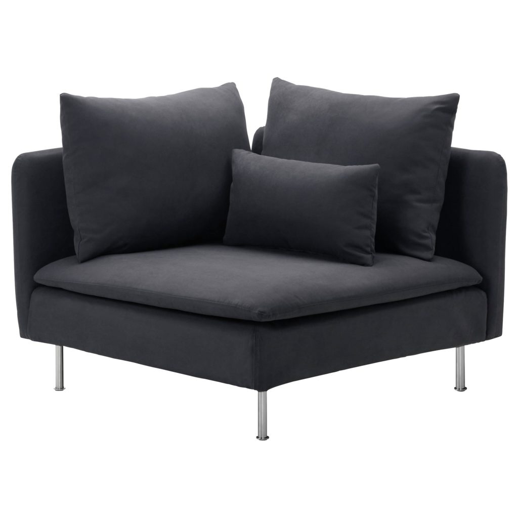 Modular Sofa, 1 piece corner, grey, with metal legs, two large back cushions and a rectangular seat cushion