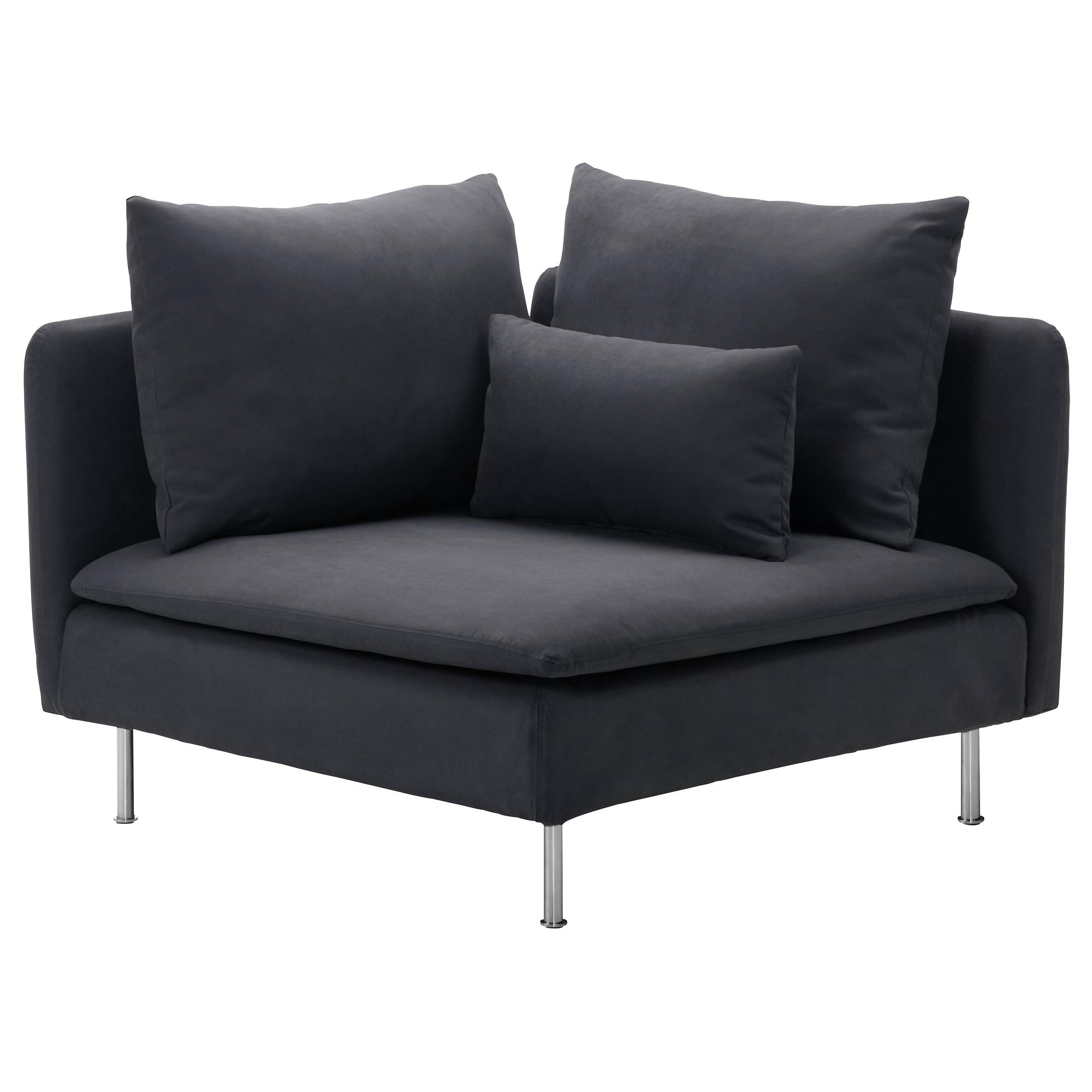 Modular Sofa, 1 piece corner, grey, with metal legs, two large back cushions and a rectangular seat cushion