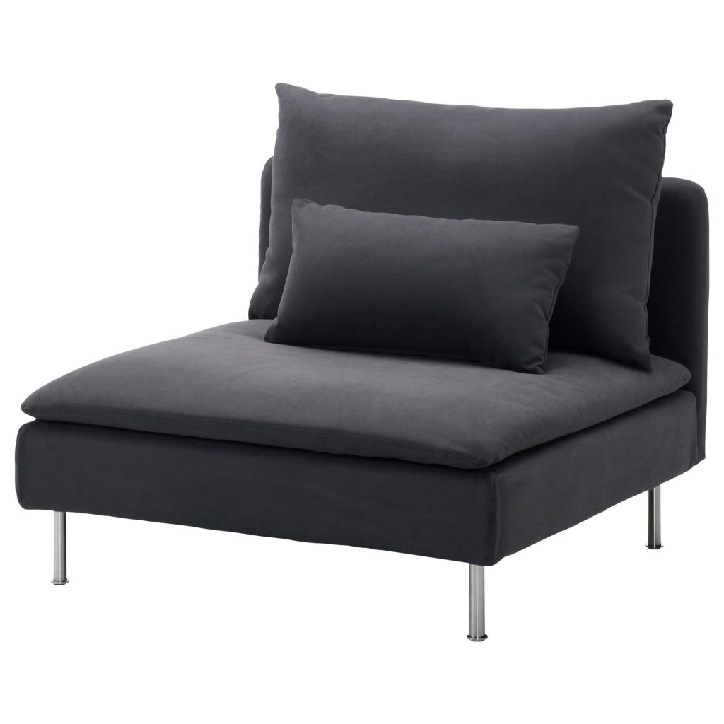 Modular Sofa, 1 piece, grey, with dark grey upholstery, a large back cushion, a smaller pillow and slim metal legs