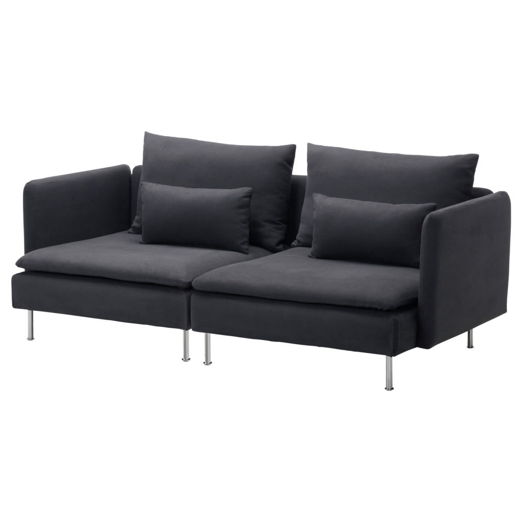 Modular Sofa, 2 piece (double armrest), grey, with dark grey upholstery, metal legs and four matching cushions