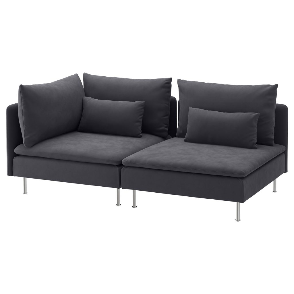 Modular Sofa, 2 piece (single armrest), grey, a sectional with metal legs, three back cushions and two accent pillows