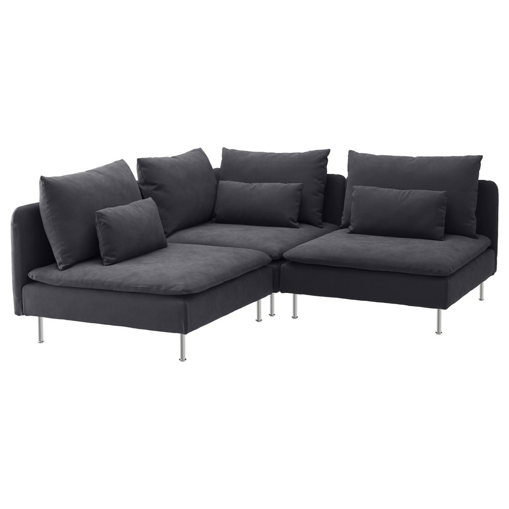 Modular Sofa, 3 piece, grey, an L-shaped corner sofa with metal legs and multiple cushions