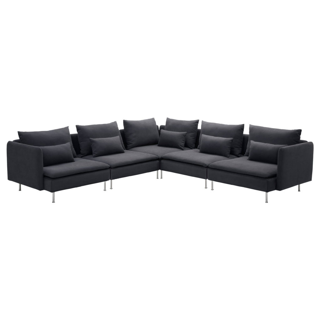 Modular Sofa, 5 piece, grey, a dark grey sofa with metal legs and plush cushions on a white background