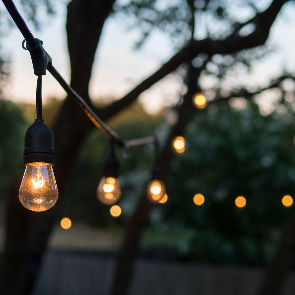 Close-up of French Bistro Lights hanging outdoors with several bulbs lit, against blurred trees and a fence at dusk