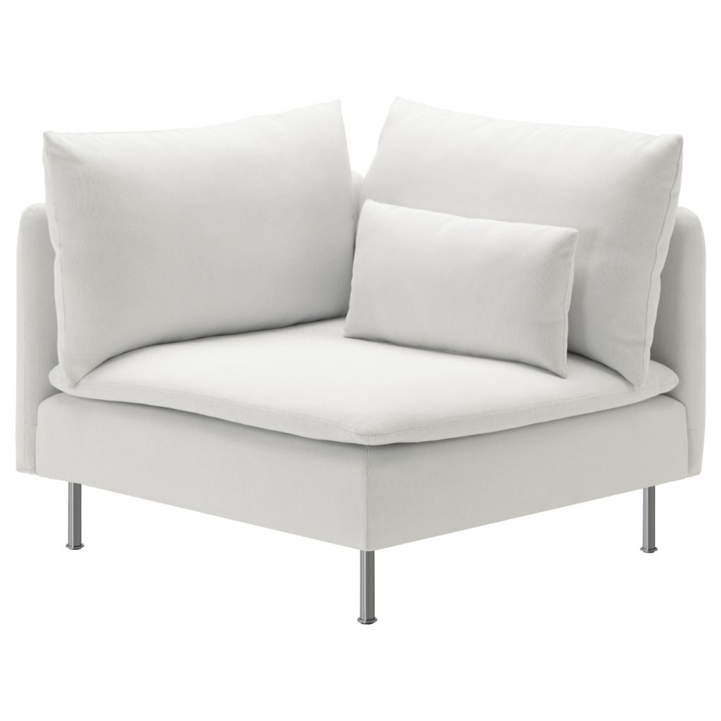 Modular Sofa, 1 piece corner, white, with metal legs and large cushions including a rectangular lumbar cushion