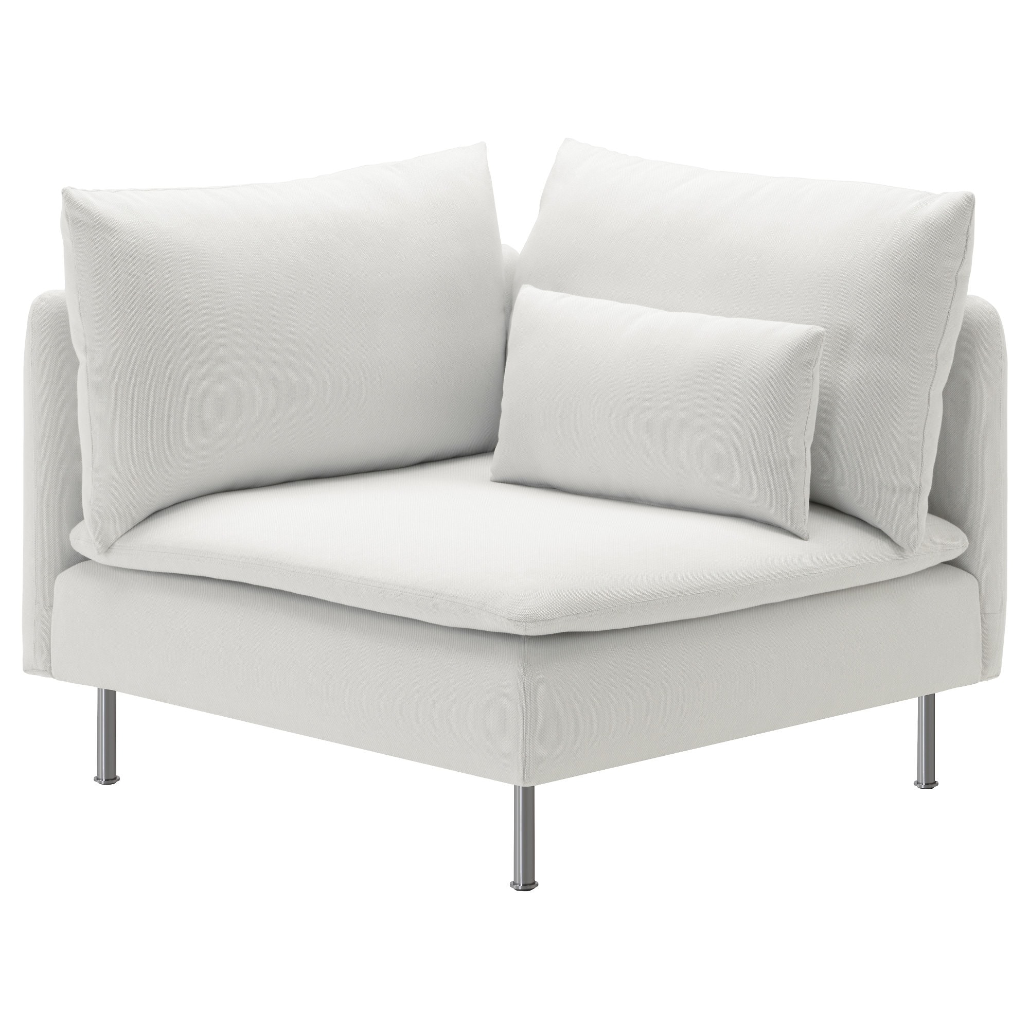 Modular Sofa, 1 piece corner, white, with metal legs and large cushions including a rectangular lumbar cushion