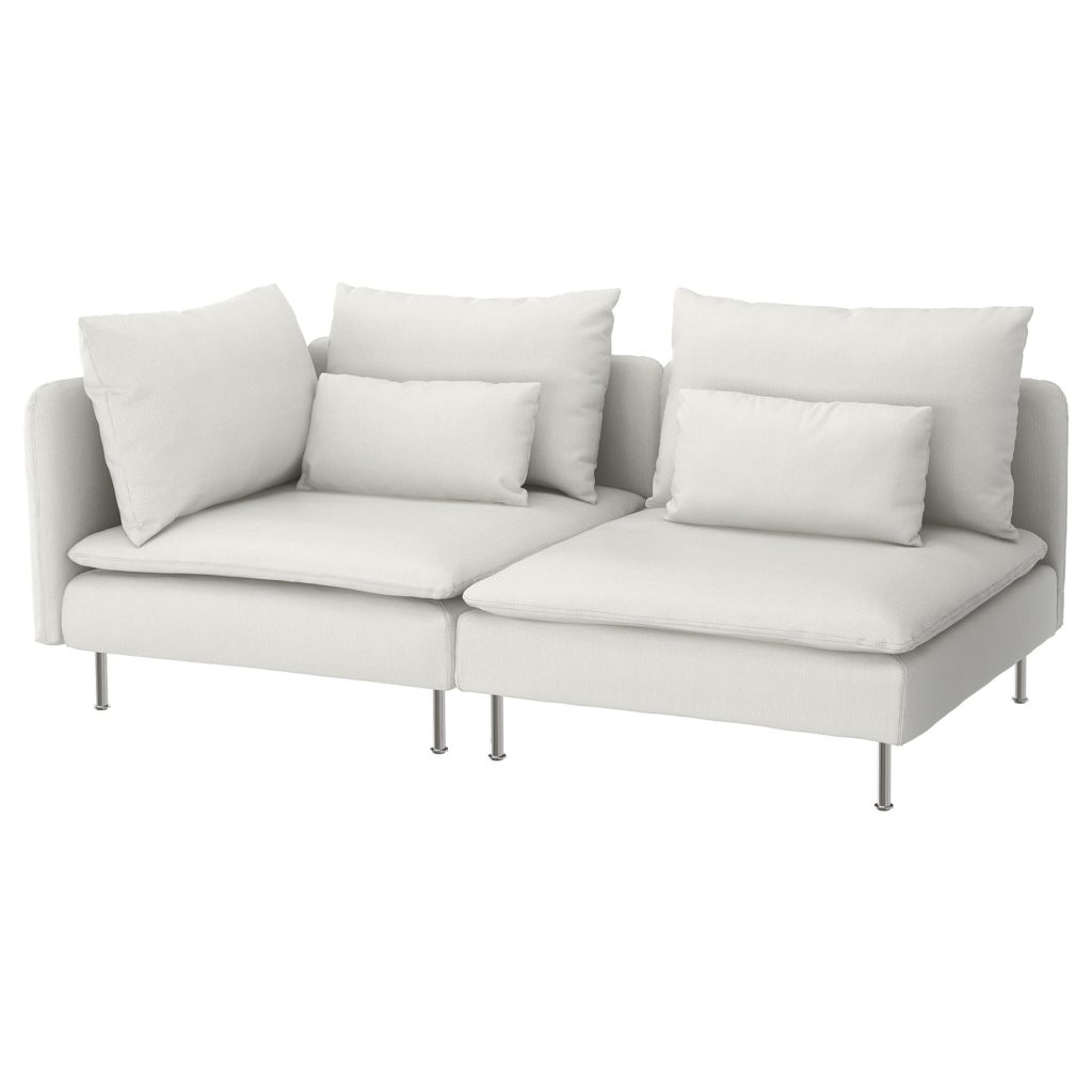 Modular Sofa, 2 piece (single armrest), white, with thick seat cushions, three back cushions and metal legs
