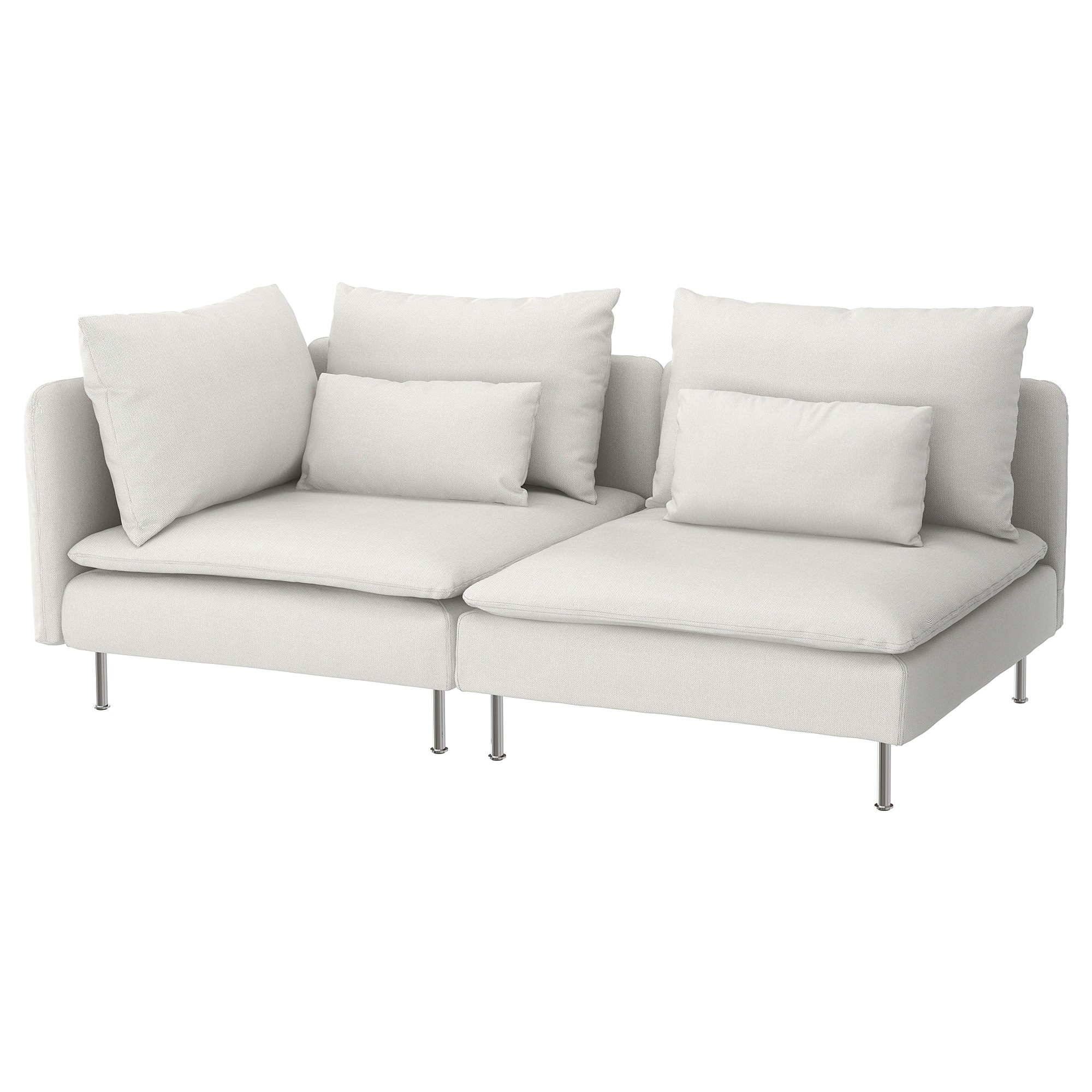 Modular Sofa, 2 piece (single armrest), white, with thick seat cushions, three back cushions and metal legs