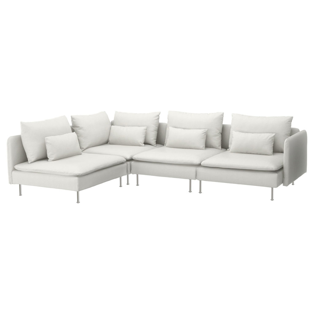 Modular Sofa, 4 piece, white, with several seat and back cushions on metal legs, on a white background