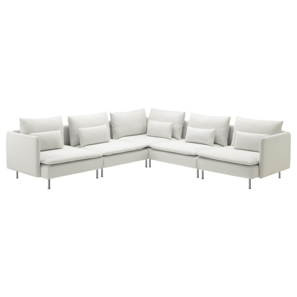 Modular Sofa, 5 piece, white, an L-shaped corner settee with metal legs and plush cushions on a white background