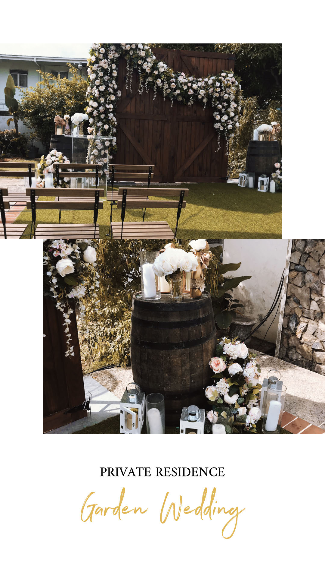 Garden wedding ceremony with a floral arch, wooden chairs and lanterns