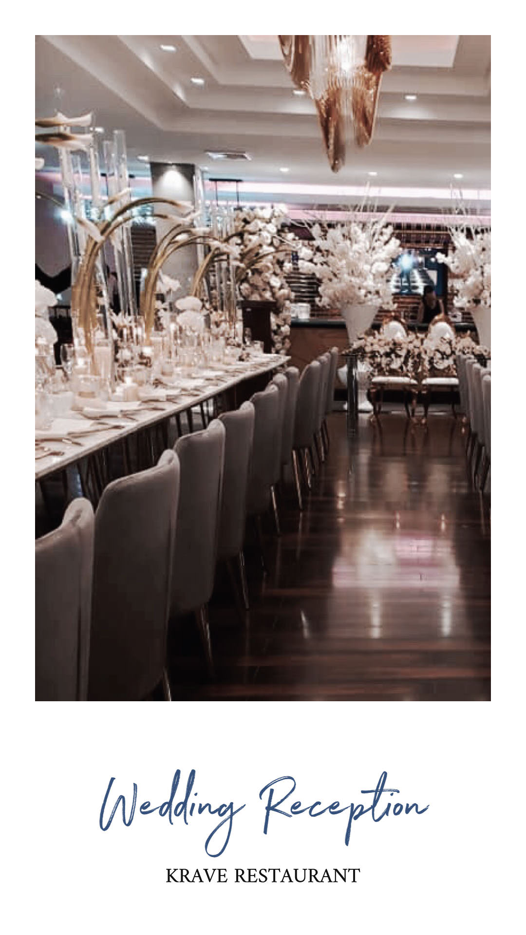 Indoor wedding reception with long banquet tables, chairs and floral arrangements