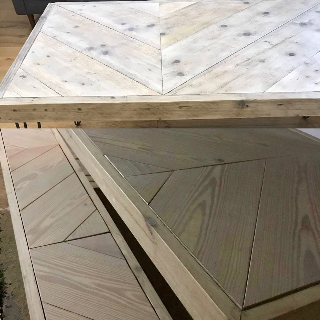 Hairpin Sweetheart Table: A sweetheart table with metal hairpin legs made from raw angle iron and a handcrafted salvaged-timber top, its grain visible from any