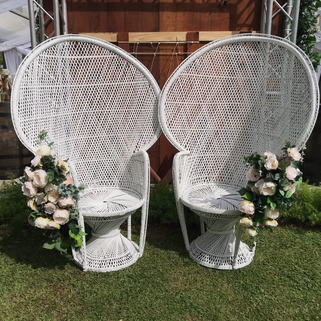 Peacock Chair: A white wicker peacock chair with a high, arched back that gives it a throne-like look, available plain white or with gold trim on the backrest.