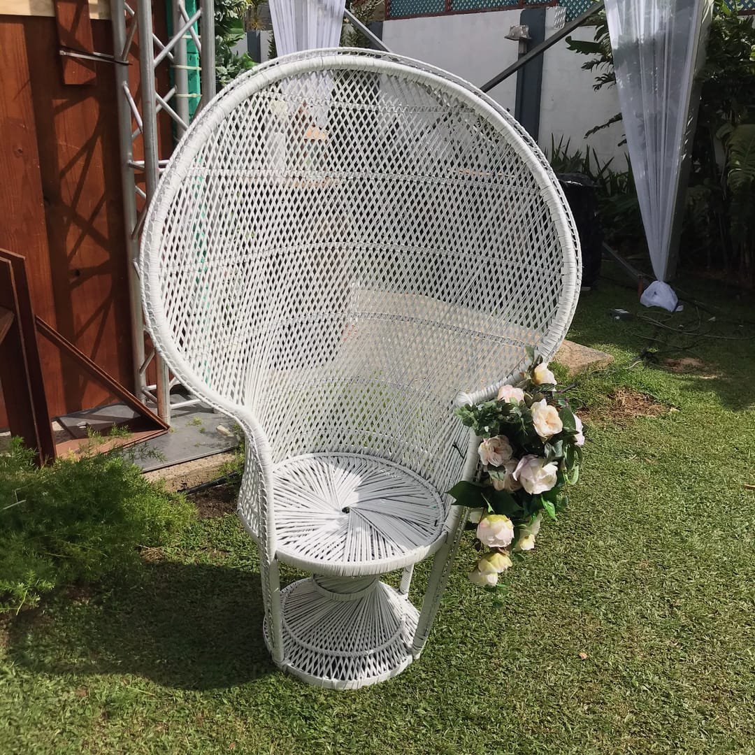 Peacock Chair: A white wicker peacock chair with a high, arched back that gives it a throne-like look, available plain white or with gold trim on the backrest.