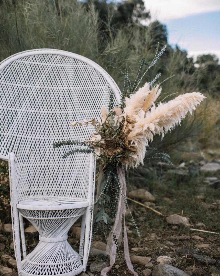 Peacock Chair: A white wicker peacock chair with a high, arched back that gives it a throne-like look, available plain white or with gold trim on the backrest.